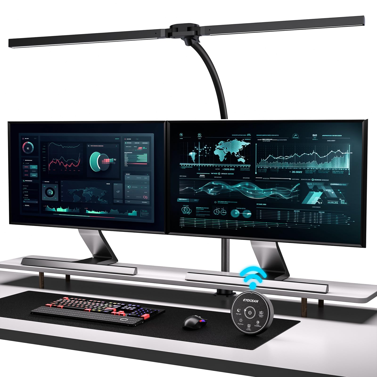 EYOCEAN Doppelkopf Schreibtischlampe Klemmbar. Doppelkopf-LED-Klemmleuchte, dimmbar, mit Fernbedienung für gezielte Arbeitsplatzbeleuchtung.