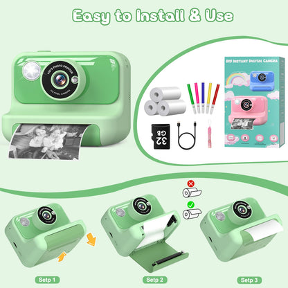 Hangrui H3 Sofortbildkamera für Kinder, 1080P, 32 GB, Grün