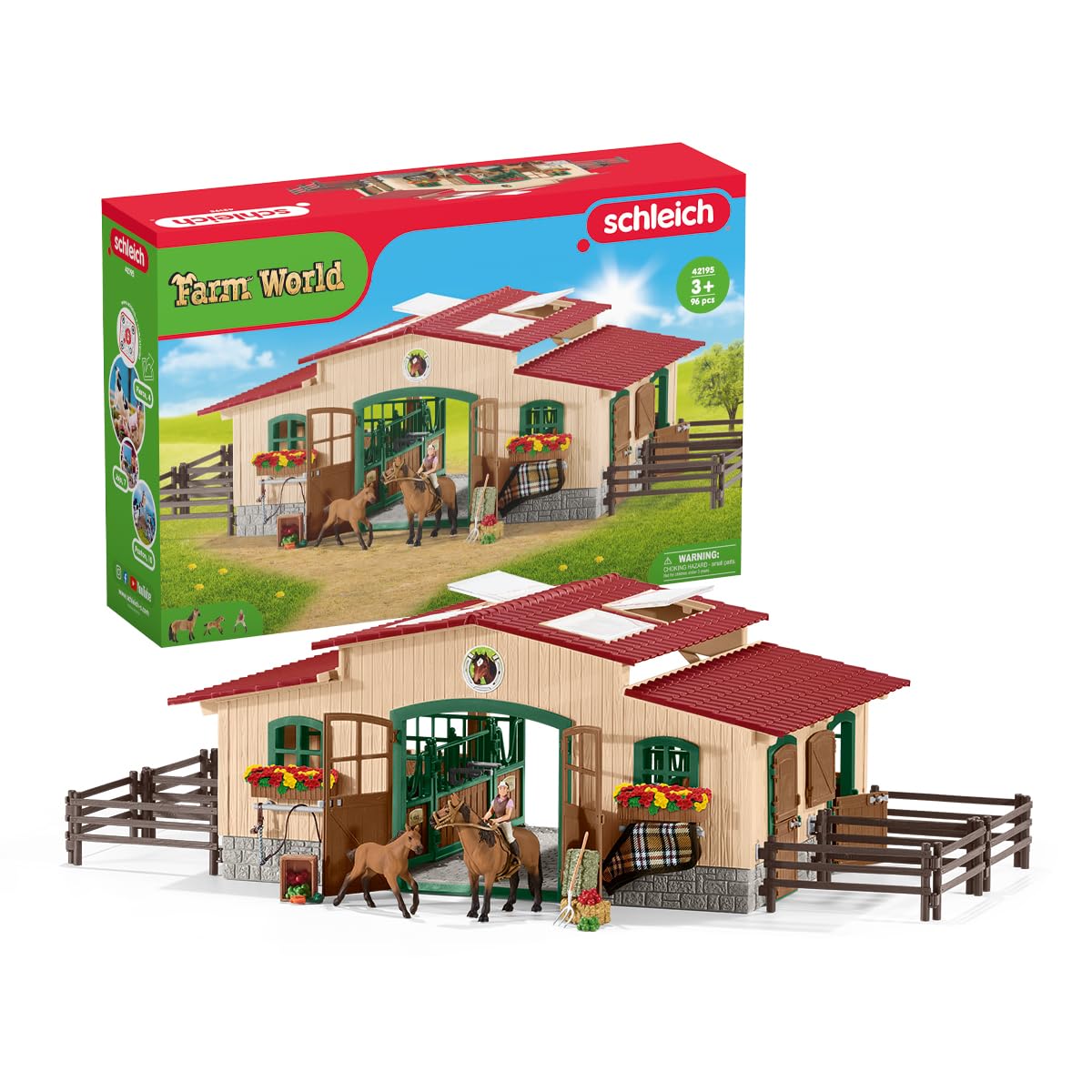 SCHLEICH Farm World Pferdestall Set 42195 inkl. 2 Pferden. Brauner Kunststoff-Pferdestall mit 2 Pferdefiguren zum Spielen.