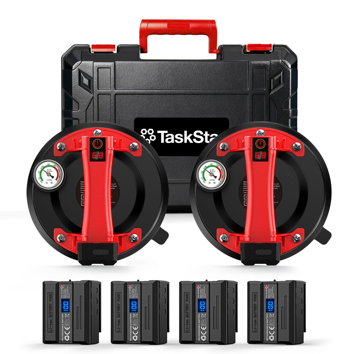 TaskStar Akku Saugheber DX01-2 im 2er Set, 250 kg, LCD-Display – elektrischer Vakuumheber mit rutschfestem Gummisaugring
