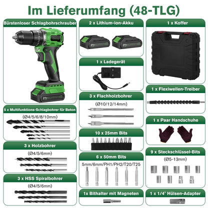 Ginour Akku-Schlagbohrschrauber 21V, bürstenlos, 50 Nm, 2x 2Ah Akkus