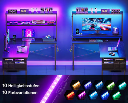 Coleshome Gaming Tisch L-Form mit LED und Steckdosen, Schwarz