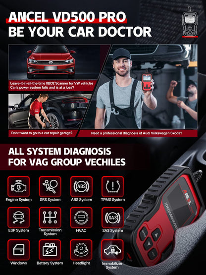ANCEL VD500Pro OBD2 Fehlerdiagnosegerät für VAG – Deutsch
