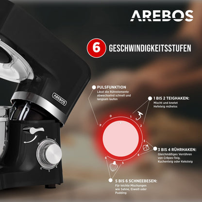 Arebos Küchenmaschine 1500 W Knetmaschine mit 2 Edelstahlschüsseln