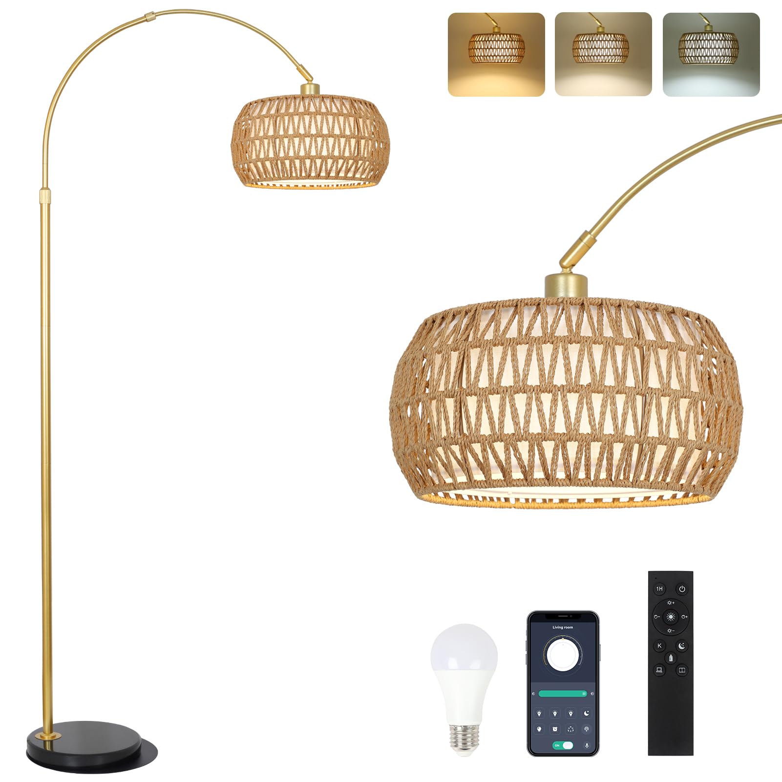 Rayofly Gold Bogenlampe Stehleuchte – Rattan, Dimmbar, App. Goldene Bogenleuchte mit Rattan-Schirm für dimmbare Raumbeleuchtung.
