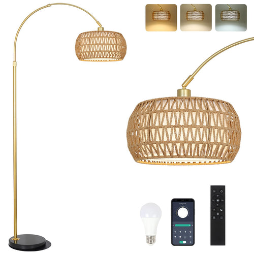 Rayofly Gold Bogenlampe Stehleuchte – Rattan, Dimmbar, App. Goldene Bogenleuchte mit Rattan-Schirm für dimmbare Raumbeleuchtung.