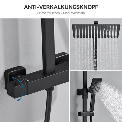 Auralum Duschsystem mit Thermostat, Regendusche 30 x 30 cm, schwarz