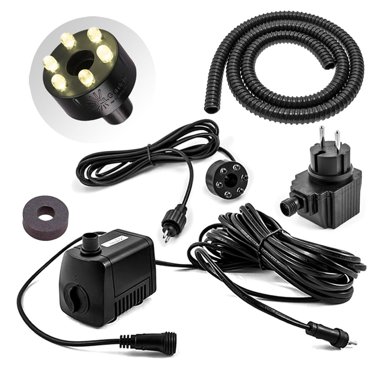 CLGarden Springbrunnenpumpe Set SP1-S mit LED 12V 500 l/h, inkl. Schlauch und Netztrafo