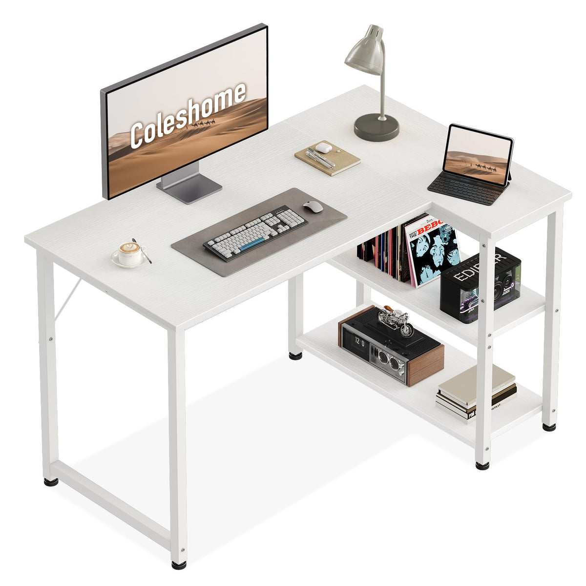 Coleshome Eckschreibtisch L-förmig mit Regal, 100x70 cm, weiss für Home Office