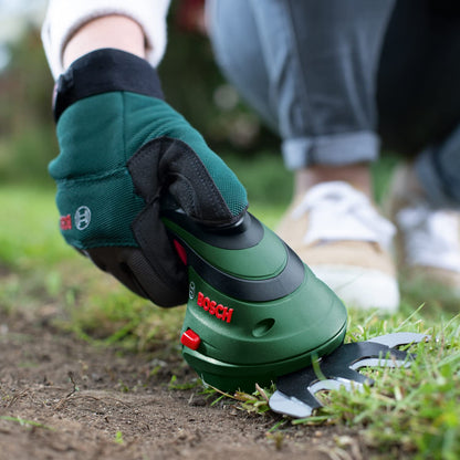 Bosch Isio Akku-Gras- und Strauchschere Set mit XL-Gartenhandschuhen