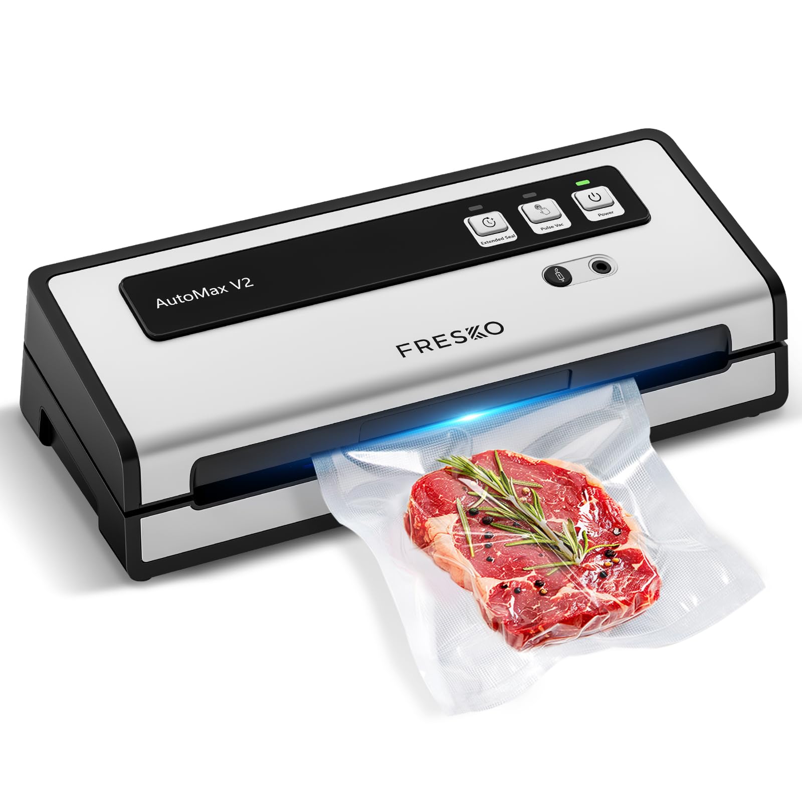 FRESKO Automax V2 Automatisches Vakuumiergerät 140W für Lebensmittel. Rechteckiges, silbernes Gerät. Vakuumversiegelt Lebensmittel zur Haltbarmachung.