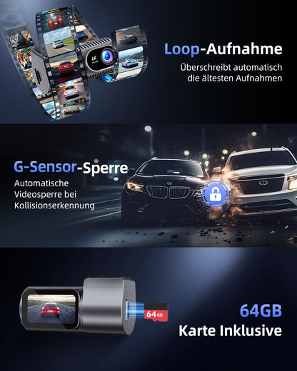 Cievie C200 Dashcam Auto vorne 4K mit WiFi, 64 GB & Nachtsicht