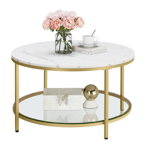 VASAGLE LCT071W59 Couchtisch – Glasplatte, Marmorweiss/Gold. Beistelltisch als Ablagefläche im Wohnzimmer.