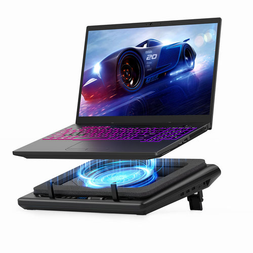 llano Gaming Laptop Kühler 15-19 Zoll – Extra-gross Ohne RGB. Große, schwarze Lüfterplattform kühlt Gaming-Laptops gegen Überhitzung.