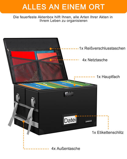 JUNDUN Feuerfeste Dokumentenbox A4 mit Schloss, faltbar