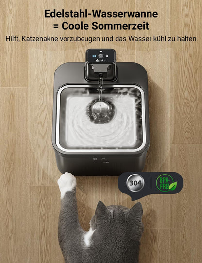 DownyPaws Trinkbrunnen für Katzen kabellos, 2,5 L, Edelstahl, schwarz