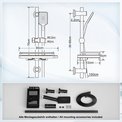 Görbach Brausestange Set mit Handbrause, Duschstange 70 cm, Schwarz