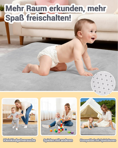 Favodormir Krabbelmatte Baby 120x120 cm, Spielmatte rutschfest, grau