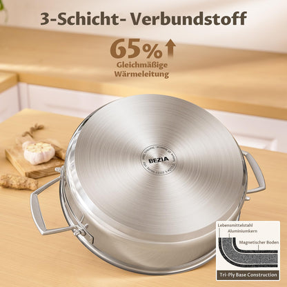 BEZIA Schmorpfanne 28 cm Edelstahl mit Deckel, 5,2 L, Induktion