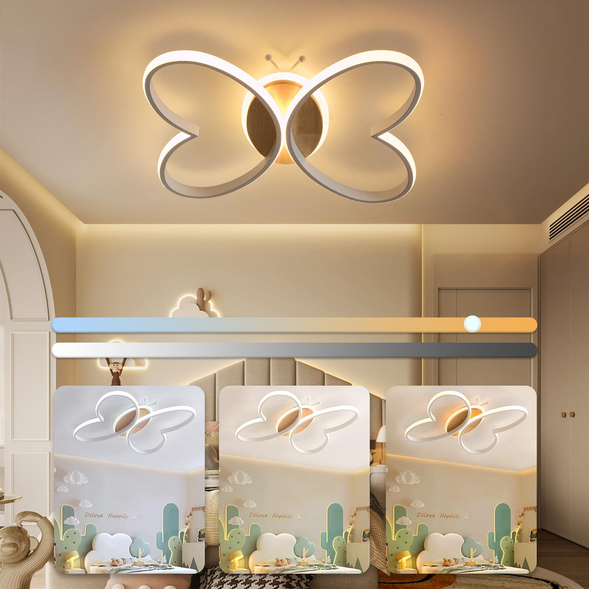 YLFXL Schmetterling LED Deckenleuchte – Dimmbar Holz Kinderzimmer. Schmetterlingsförmige Holz-Deckenleuchte mit dimmbaren LEDs zur Raumbeleuchtung im Kinderzimmer.
