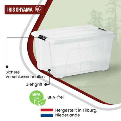 Iris Ohyama Aufbewahrungsbox mit Deckel, 45 L, 4er-Set, transparent