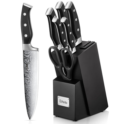 D.Perlla Messerblock 7-teilig, selbstschärfendes Messerset, schwarz, mit Holzblock und Kunststoffgriffen