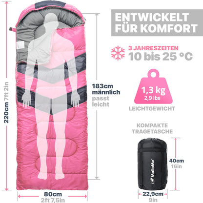 MalloMe Campingschlafsack für Erwachsene und Kinder, pink