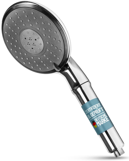 PuraMed Legionellenfilter Duschkopf – Langzeitschutz. Runder, silberner Duschkopf mit Griff. Zur Legionellenfiltration des Duschwassers.