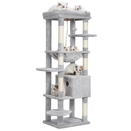 Heybly HCT050W Kratzbaum für grosse Katze - Hellgrau. Robuster, hellgrauer Kratzbaum mit Sisalstämmen und Liegeflächen. Für Kratzen und Ruhe.