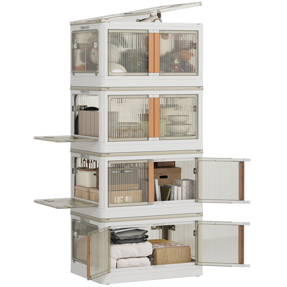 NETEL Faltbare Aufbewahrungsbox 72L – 4er Set Transparent mit Tür. Transparente Stapelboxen mit Fronttür für flexible Lagerung.