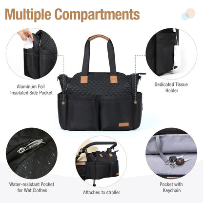 Lekebaby Wickeltasche gross mit Wickelunterlage, 19 Fächer, Schwarz