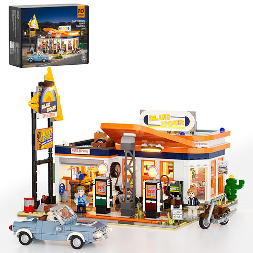 FUNWHOLE City Gas Station Bauset mit Licht – 1608 PCS. Farbiges Tankstellenmodell mit Zapfsäulen. Für beleuchtete City-Dioramen.