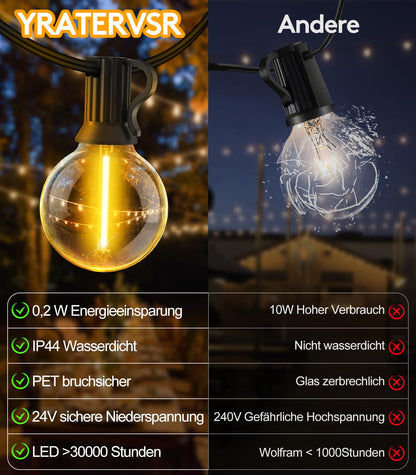 YRATERVSR LED Lichterkette Aussen 30m mit G40 Glühbirnen, IP44