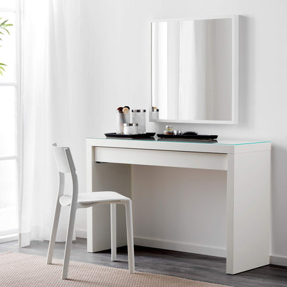 IKEA Malm Schminktisch – Weiss mit Glasplatte 120x41cm. Weißer, rechteckiger Tisch mit Glasplatte. Ideal zum Schminken und als Stauraum.