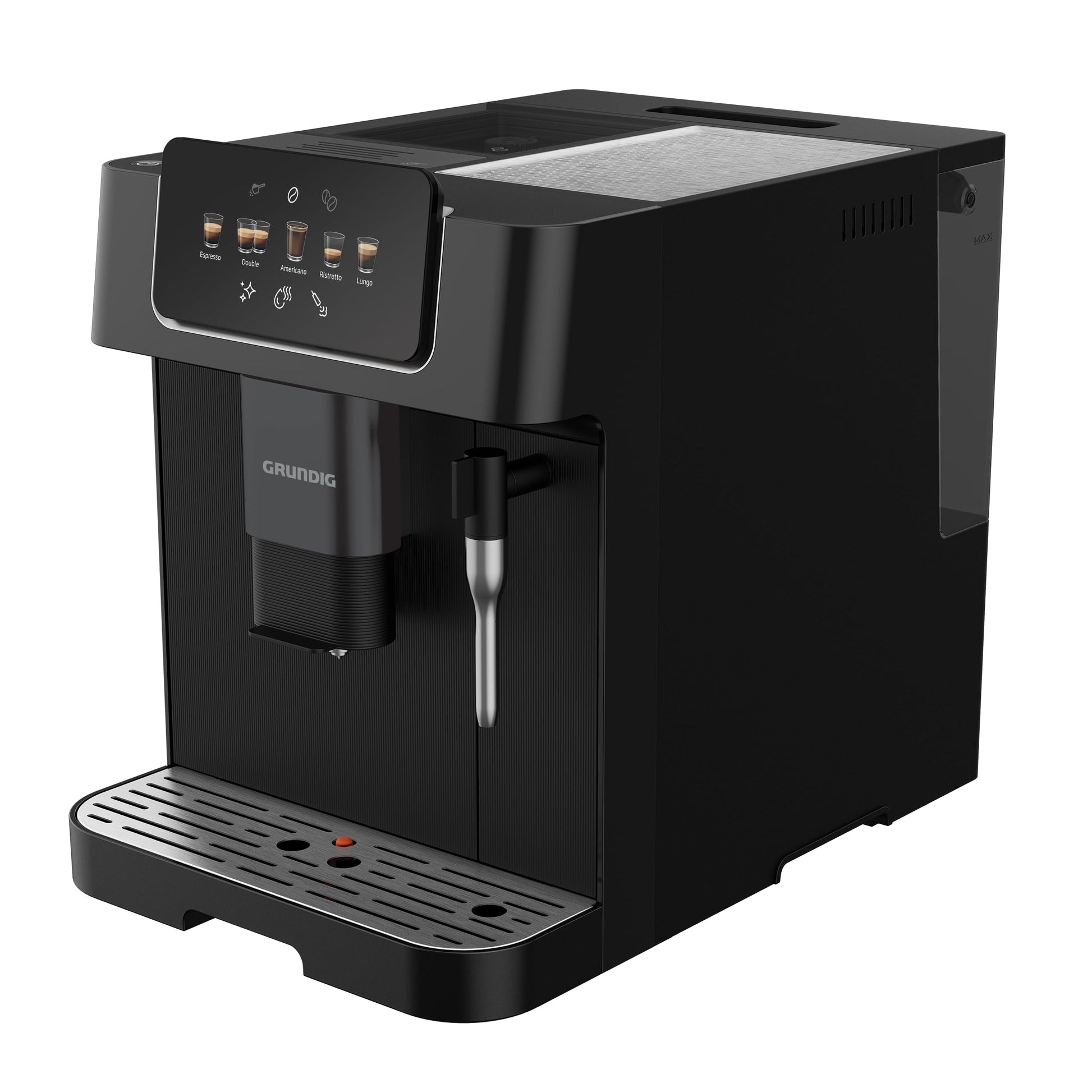 GRUNDIG KVA 6230 Kaffeevollautomat. Schwarzes Gerät mit integrierter Milchaufschäumdüse. Bereitet Kaffee und Milchschaumgetränke zu.