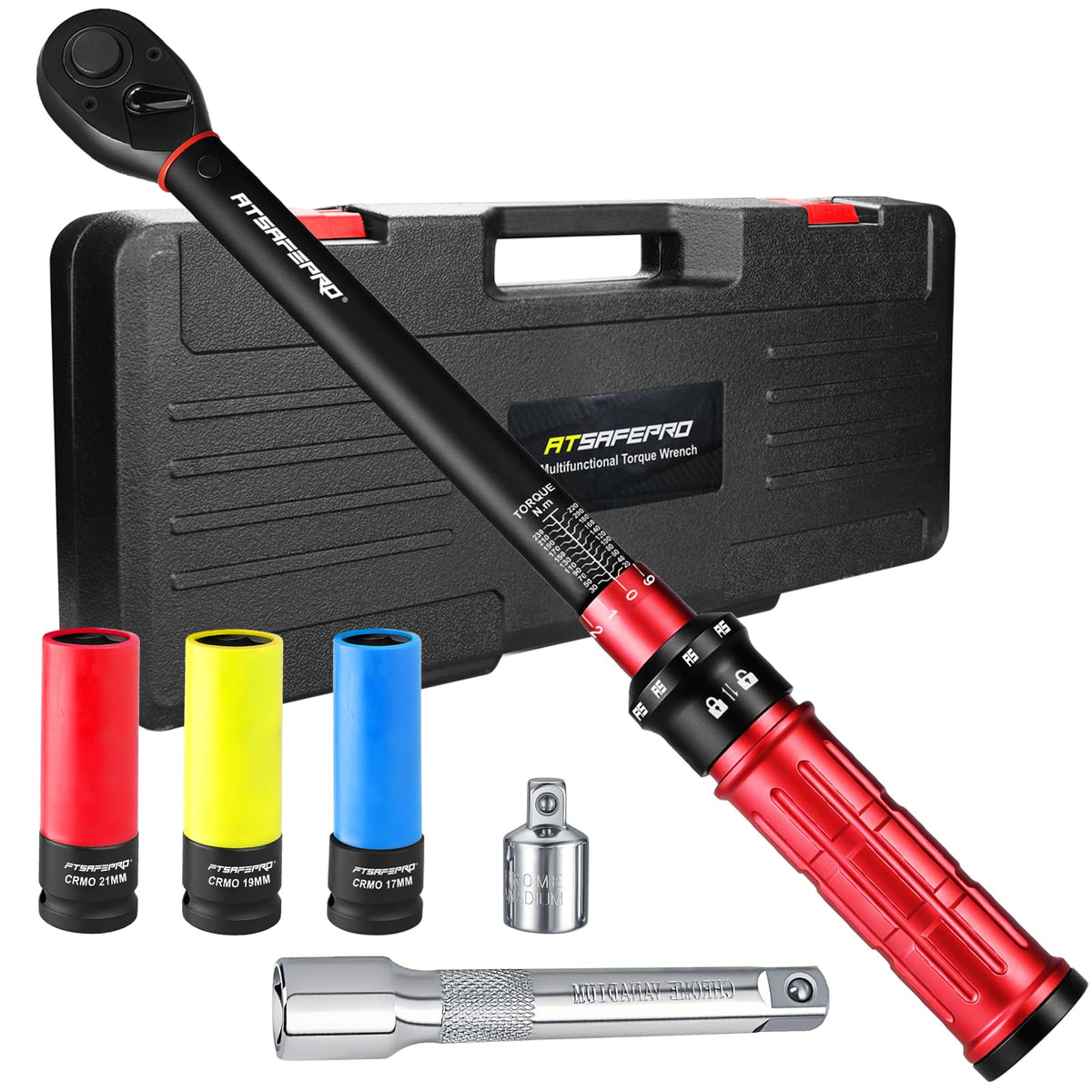 ATsafepro Drehmomentschlüssel 1/2 Zoll 20-230 Nm, 7-tlg. Set mit Stecknüssen und Verlängerungsstange