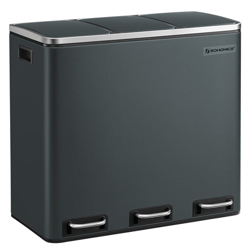 SONGMICS LTB54GS Mülleimer Küche, 3 x 18 L Treteimer, grüngrau, Stahl, mit Deckel und Pedal