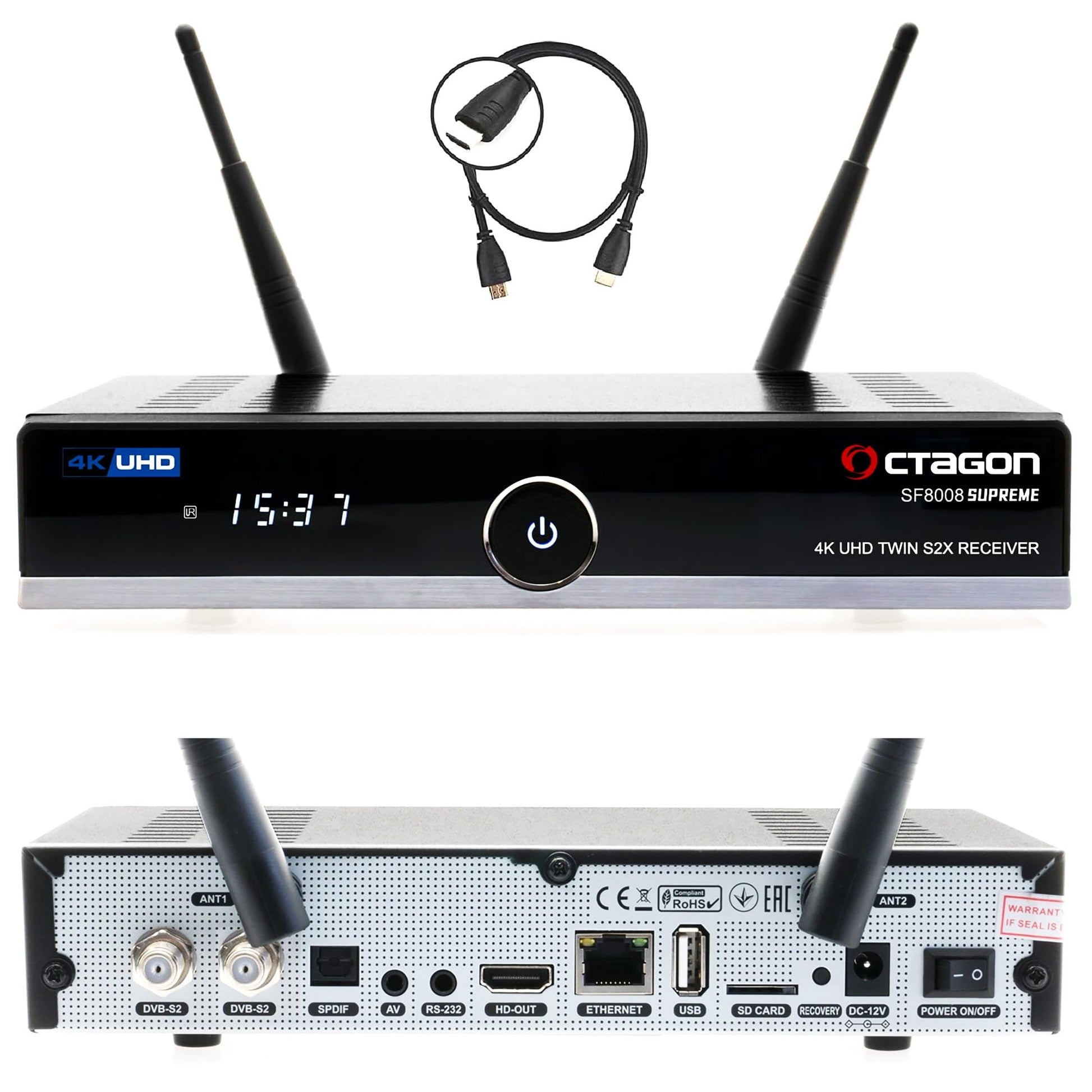 Octagon SF8008 UHD 4K Supreme Twin Sat Receiver. Schwarzes, rechteckiges Gerät. Empfängt zwei Sat-Signale für UHD 4K TV.