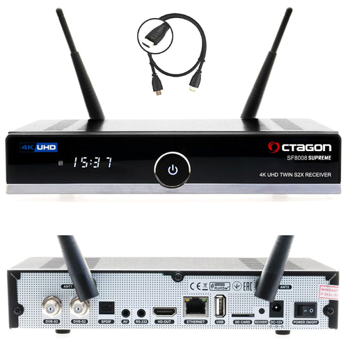 Octagon SF8008 UHD 4K Supreme Twin Sat Receiver. Schwarzes, rechteckiges Gerät. Empfängt zwei Sat-Signale für UHD 4K TV.