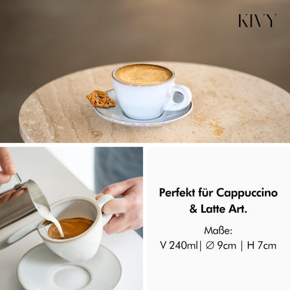 KIVY Cappuccino Tassen 4er Set aus Steingut mit Untertassen, grau