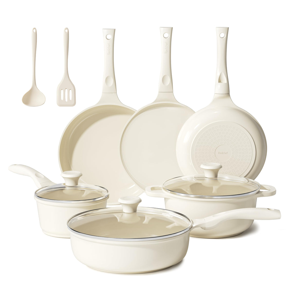 Redchef Keramik Topfset Induktion, 11-teiliges Kochgeschirr-Set, Beige mit Glasdeckeln und Griffen in Holzoptik