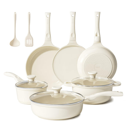 Redchef Keramik Topfset Induktion, 11-teiliges Kochgeschirr-Set, Beige mit Glasdeckeln und Griffen in Holzoptik