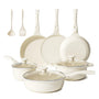 Redchef Keramik Topfset Induktion, 11-teiliges Kochgeschirr-Set, Beige mit Glasdeckeln und Griffen in Holzoptik