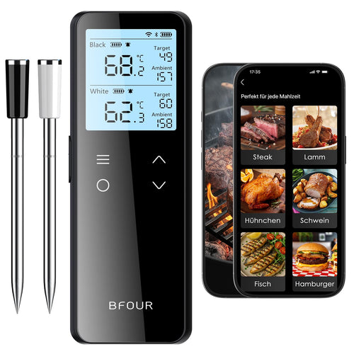 BFOUR BF-80 Fleischthermometer kabellos mit Bluetooth, WLAN, 2 Sonden und magnetischer Smart Base