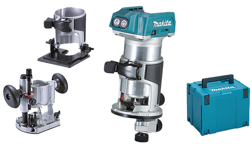 Makita DRT50ZJX2 Multifunktionsfraese 18V ohne Akku/Lader. Blaues, kompaktes Gerät zur präzisen Kanten-, Nuten- & Profilbearbeitung.