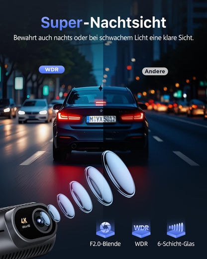 Cievie C200 Dashcam Auto vorne 4K mit WiFi, 64 GB & Nachtsicht