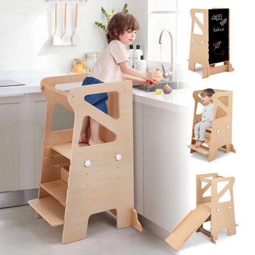 Labebe Montessori Lernturm 4-in-1 mit Rutsche & Kreidetafel. Stabiler Holz-Lernturm naturfarben. Hebt Kinder sicher auf Arbeitshöhe.