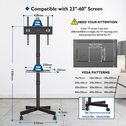 BONTEC Mobiler TV Ständer rollbar für 23-60 Zoll Fernseher bis 25 kg