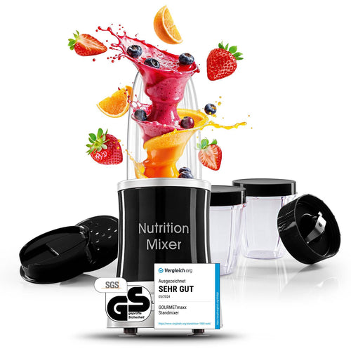 GOURMETmaxx Nutrition Mixer Blender - 11-tlg. Zubehör. Kompakter Standmixer mit transparenten Mixbehältern und Edelstahlklingen für Smoothies und Shakes.