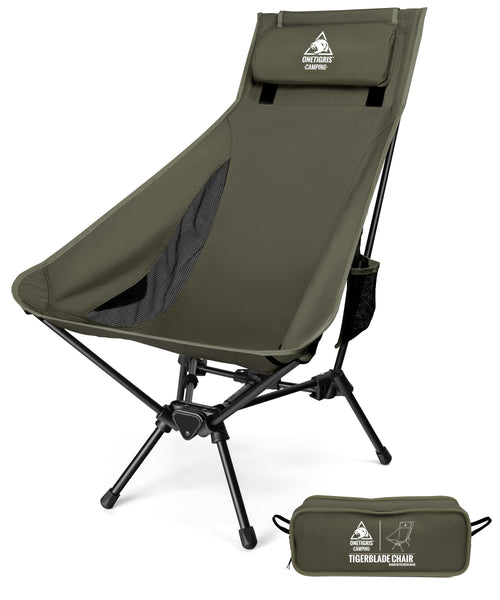 OneTigris TIGERBLADE Hochlehner Campingstuhl - Ranger Grün. Hochlehniger, klappbarer Stuhl in dunklem Grün. Für komfortables Sitzen beim Camping.